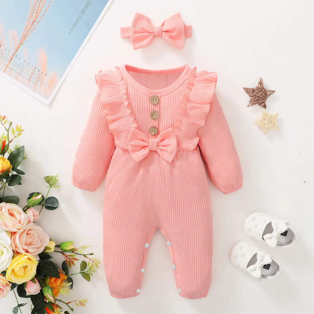 Amelia Ribbed Ruffle Romper & Bow Set