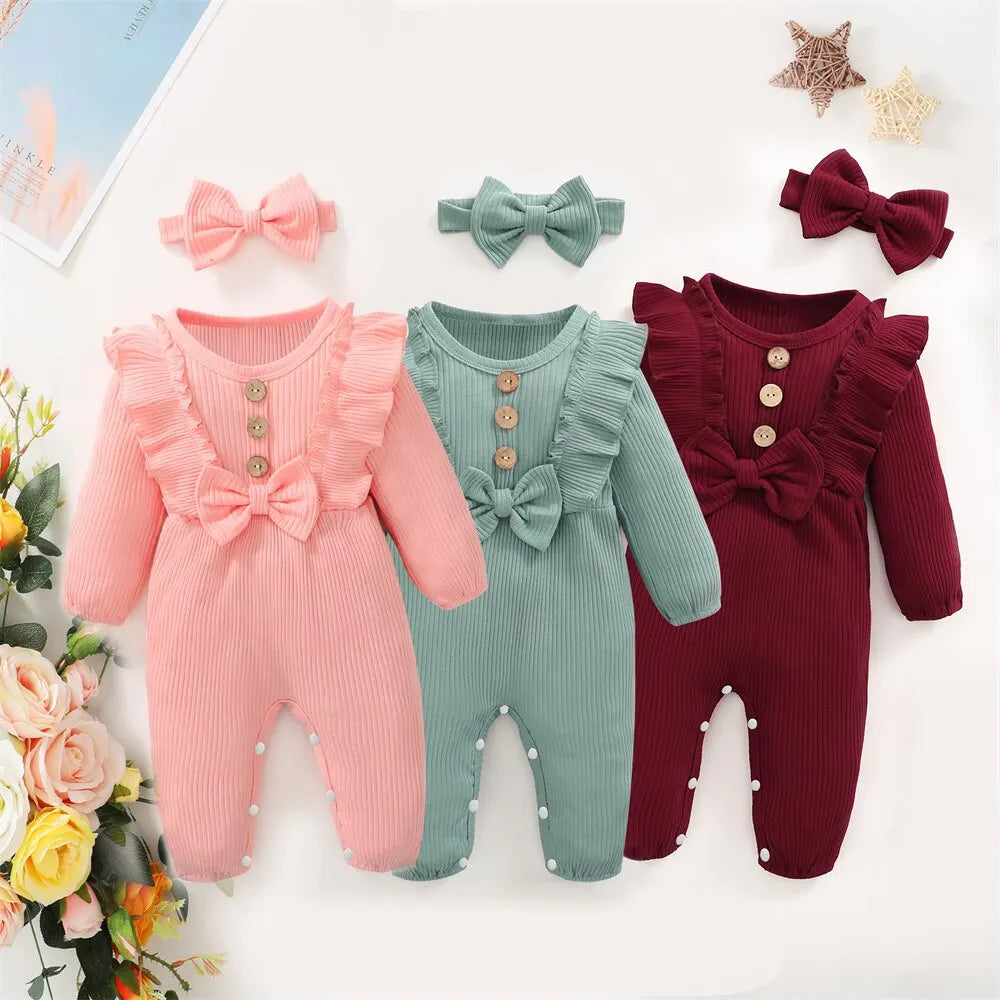 Amelia Ribbed Ruffle Romper & Bow Set